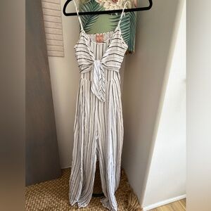 Flying Tomato White and Black Striped Tie-Front Wide-Leg Jumpsuit